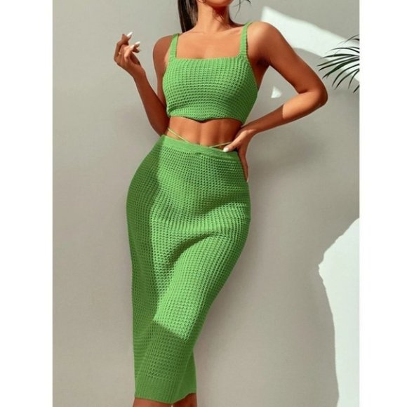 2 piece knit skirt and crop top knit coverup set Green - Picture 2 of 15